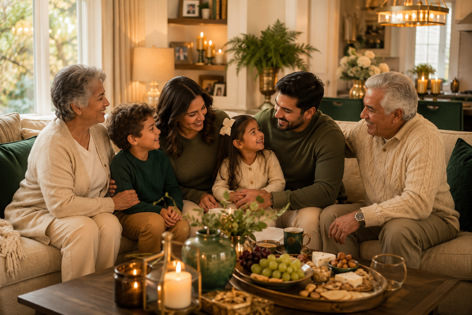 A warm multigenerational family gathered together at home, sharing stories by candlelight
